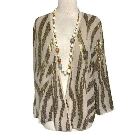 Chico’s 2 beige + metallic gold zebra print‎ open front swing dressy jacket LNC - Picture 1 of 7